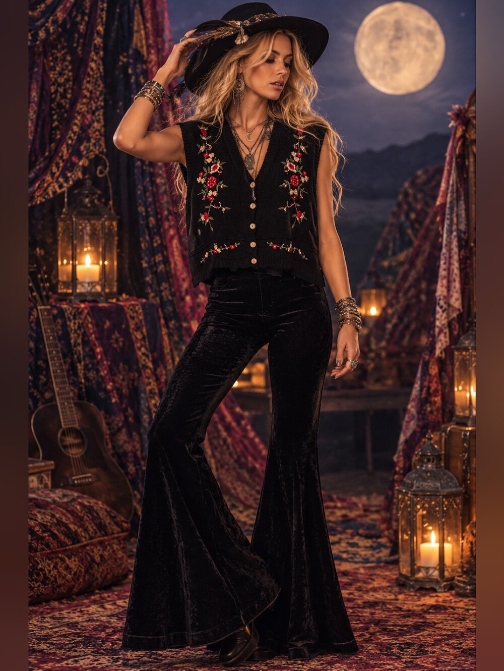 #57 SHEIN Black Velvet Flared Pants with Embroidered Vest Styling